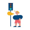 Boy looking at green permitting traffic light and memorizing traffic rule sign to go Royalty Free Stock Photo