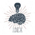 Hand Drawn Brain with Idea Lettering and Light Bulb. Vector