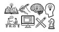 Hand drawn brain with light bulb idea and creative thinking icons including writing hand, chess knight, discussion and computer Royalty Free Stock Photo