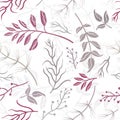 Hand drawn branch elements seamless pattern, cute sketch floral background in purple, violet brown, great for fashion fabric,