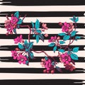 Hand drawn branch flower roses sakura vintage print on stripes w