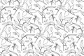 Hand drawn branches with leaves seamless pattern. Outline wild plants painted by ink. Vector modern botanical endless background