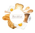 Hand drawn breakfast circle frame illustration. Bread, fried egg and rice in bowl drawing