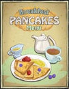 Hand drawn breakfast menu with pancakes, berries, cup of tea and honey