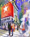 Hand-drawn bright city - sketch illustration of a New York holiday time streets with walking people