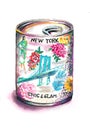 Hand-drawn bright colorful stylized fashion illustration of a tin can with gilding. Fashionista gift postcard