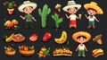 Cinco de Mayo clip art - set of Cinco de Mayo cartoon characters and design elements such as food Royalty Free Stock Photo