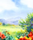 Watercolor landscape. Field with poppies near the mountains Royalty Free Stock Photo