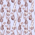 Hand drawn brown charcoal pencil illustration tulip flowers in vintage style on a light lilac background. Seamless Royalty Free Stock Photo