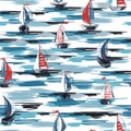 Hand drawn brush stroke sailor boat in the ocean seamless pattern in vector