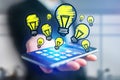 Hand drawn bulb lamp icon going out a smartphone interface of a Royalty Free Stock Photo