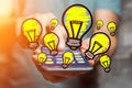 Hand drawn bulb lamp icon going out a smartphone interface of a Royalty Free Stock Photo