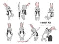 Hand drawn bunny with backpack in school. Set of cartoon vector bunnies. Cute character design. Sketch Rabbit schoolboy . Doodle f