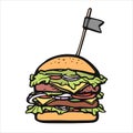 Hand-drawn burger hot dish. delicious sandwich line vector stock illustration. concept for Menu, fast food. Icon. Royalty Free Stock Photo