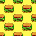 Hand drawn burger. Seamless pattern with doodle burger on yellow background. Royalty Free Stock Photo