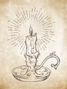 Hand drawn burning candle in vintage candlestick with rays of light vector illustration