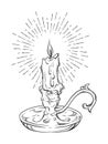 Hand drawn burning candle in vintage candlestick with rays of light vector illustration