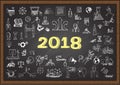 Hand drawn business icons about business plan for year 2018 on chalkboard.