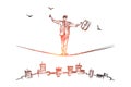 Hand drawn businessman balancing on rope over city