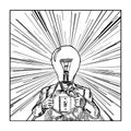 Hand drawn businessman with lamp-head acting like a super hero w