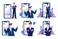 Hand Drawn Businessman with smartphone in online business concept in flat style