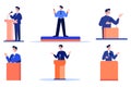 Hand Drawn Businessman speaking on the podium in flat style