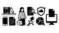 Hand drawn businesswoman with briefcase and office icons including documents, phone, shield cloud, pie chart, and computer screen Royalty Free Stock Photo