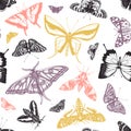 Hand Drawn Butterflies Seamless Pattern. High Detailed Insects Backdrop In Vintage Style. Engraved Butterflies Entomological