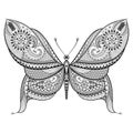 Hand drawn Butterfly in zentangle style. Ornamental tribal patte