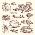 Hand drawn cacao, leaves, cocoa seeds, sweet dessert and chocolate bar. Cocoa sketch vector collection Royalty Free Stock Photo