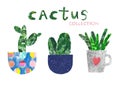 Hand drawn cactus indoor house plants in cute flower pots, isolated. Collage paper cut style. Summer botanical illustration Royalty Free Stock Photo