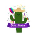 Hand drawn cactus mascot celebrate festa junina Concept. June Party. Brazilian festival vector illustration. Cute green cactus