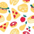 Hand-drawn cake donut cheese burger pear cherry salmon steak. Seamless pattern