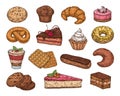 Hand drawn cakes. Sweet sketch desserts for tea or coffee break, vintage pastry, cake, waffle and pie. Chocolate or