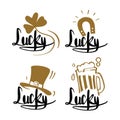 Hand drawn Caligraphy about lucky, horseshoe, clover leaves,