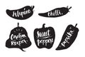 Hand drawn Caligraphy in silhouette chilli, My jalapeno, chilli, carolina reaper, sweet peppers, paprika, icon or logo. Lettering