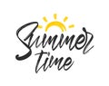 Hand drawn calligraphic textured brush lettering of Summer Time with sun.