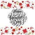 Hand drawn calligraphy lettering Happy Valentine Day. Color gift box, bows and ribbons. Vector illustration
