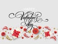 Hand drawn calligraphy lettering Happy Valentine Day. Color gift box, bows and ribbons. Vector illustration