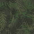 Hand drawn camo with leaf, seamless pattern. Grunge branches and herbs green camouflage background Royalty Free Stock Photo