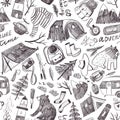 Hand drawn camping elements and sketched scout graphics. Seamless pattern in hand-drawn style