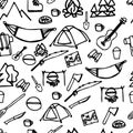 Hand drawn camping and hiking elements, isolated on white background. Cute background full of icons perfect for summer camp flyers