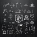 Hand drawn camping, hiking or mountain climbing icons set on black. Royalty Free Stock Photo