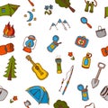 Hand drawn camping and hiking seamless pattern in color. Doodle Royalty Free Stock Photo