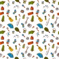 Hand drawn camping and hiking seamless pattern in color. Doodle Royalty Free Stock Photo