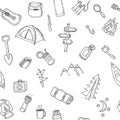 Hand drawn camping and hiking seamless pattern. Doodle camping e