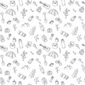 Hand drawn camping and hiking seamless pattern. Picnic, hiking,