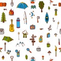 Hand drawn camping and hiking seamless pattern. Picnic, hiking,