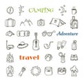 Hand drawn camping icon set. Collection of camping and hiking equipment symbols