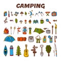 Hand drawn camping icon set in color. Collection of camping and Royalty Free Stock Photo